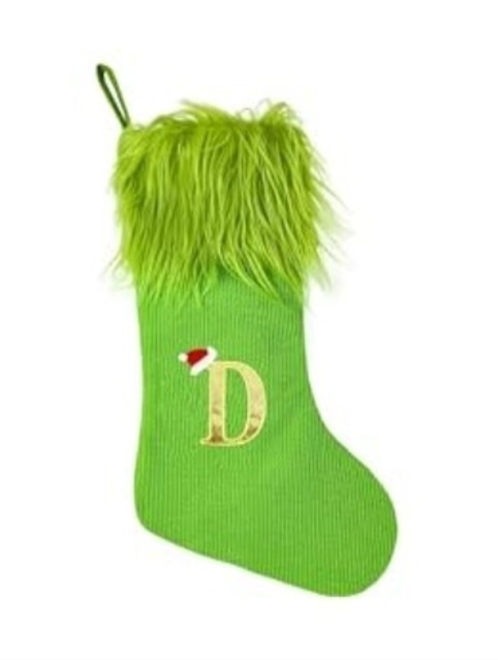 Festive Green Grinch Personalized Holiday Stocking "D" with Faux Fur Cuffs, EUC